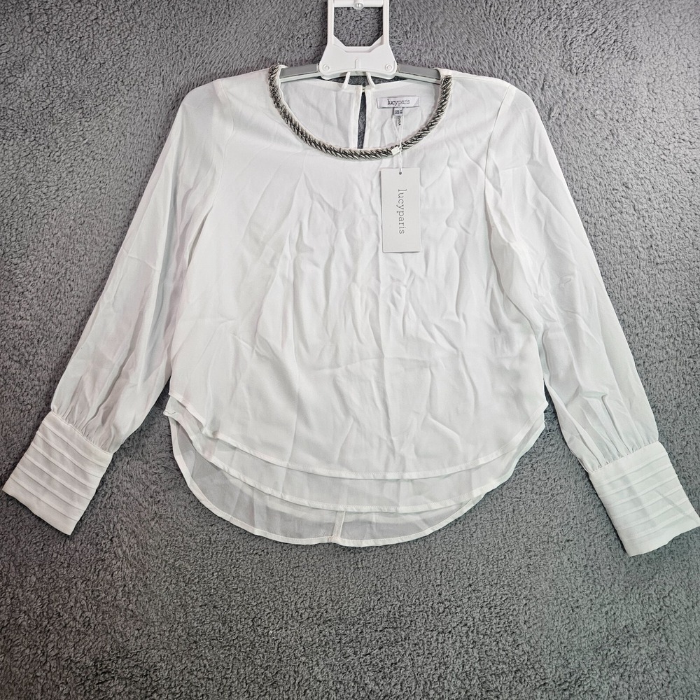 NWT Lucy Paris Top Blouse Women Small Bead Embellished Neck Sheer Lined -S- NEW